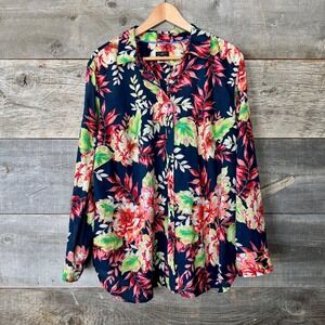 Talbots Womens Floral Print Cotton Button Up Shirt 2X Navy Lightweight Vacation